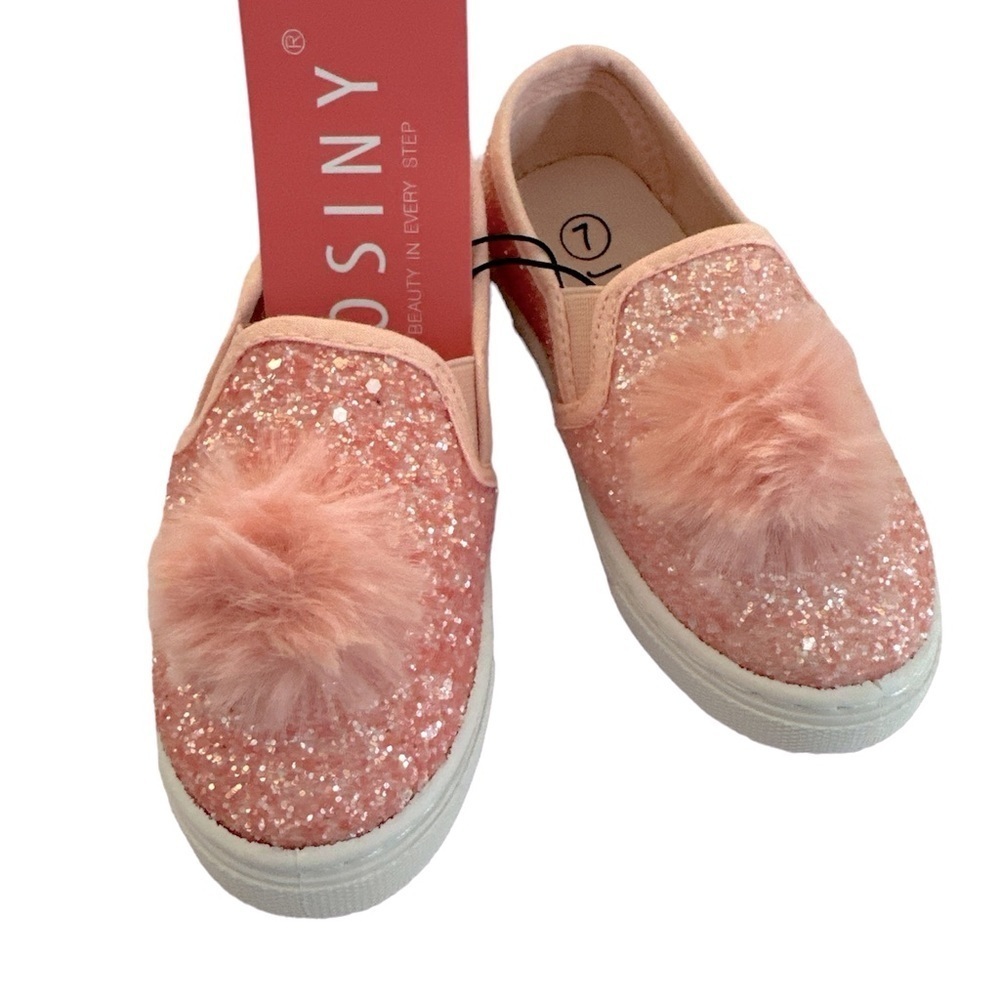 Girl’s Kids Size 7 Pink Glittered Poms Slip On Casual Especial Ocassions Shoes